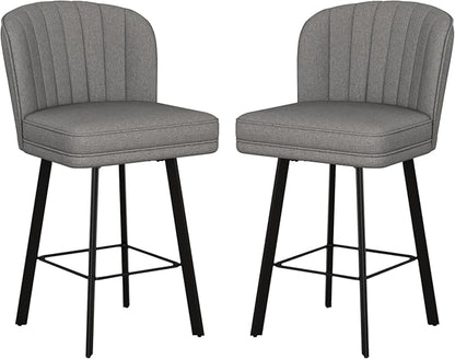 Swivel Counter Height Bar Stools Set of 2, 26'' Modern Barstools with Backs and Metal Legs, Upholstered Bar Chairs,Mid-Gray,Fabric Stools for Kitchen Island Chairs