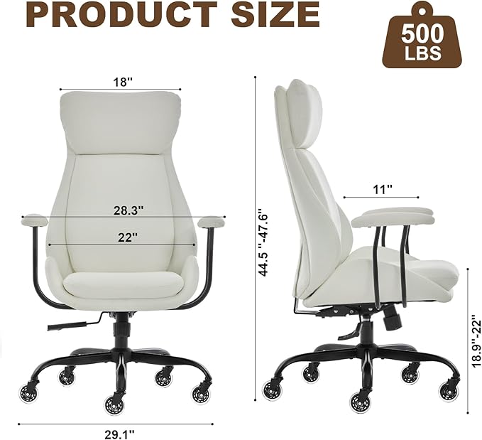 Home Office Desk Chair, PU Casters Ergonomic Computer Chair with Lumbar Support, Adjustable Height, 360°Rolling Swivel Chair, High Back Executive Task, Padded Armrests Chair, White Leather