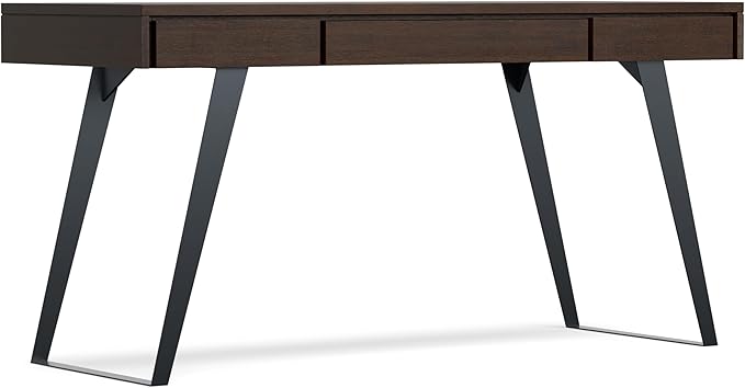 SIMPLIHOME Lowry Desk - 54-Inch Wide Solid Acacia Wood and Metal Writing Desk in Distressed Hickory Brown, Modern Industrial Home Office Computer Table with 2 Drawers and Flip-Down Keyboard Tray