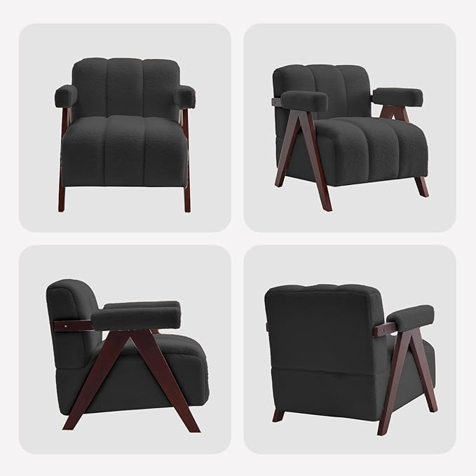 Accent Chair Mid-Century Modern with Wide Backrest for Bedroom, Upholstered Living Room Chair with Wooden, Lounge Armchair with Thick Cushion, Cute Teddy Comfy Chair, Dark Grey