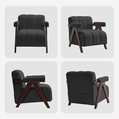 Accent Chair Mid-Century Modern with Wide Backrest for Bedroom, Upholstered Living Room Chair with Wooden, Lounge Armchair with Thick Cushion, Cute Teddy Comfy Chair, Dark Grey