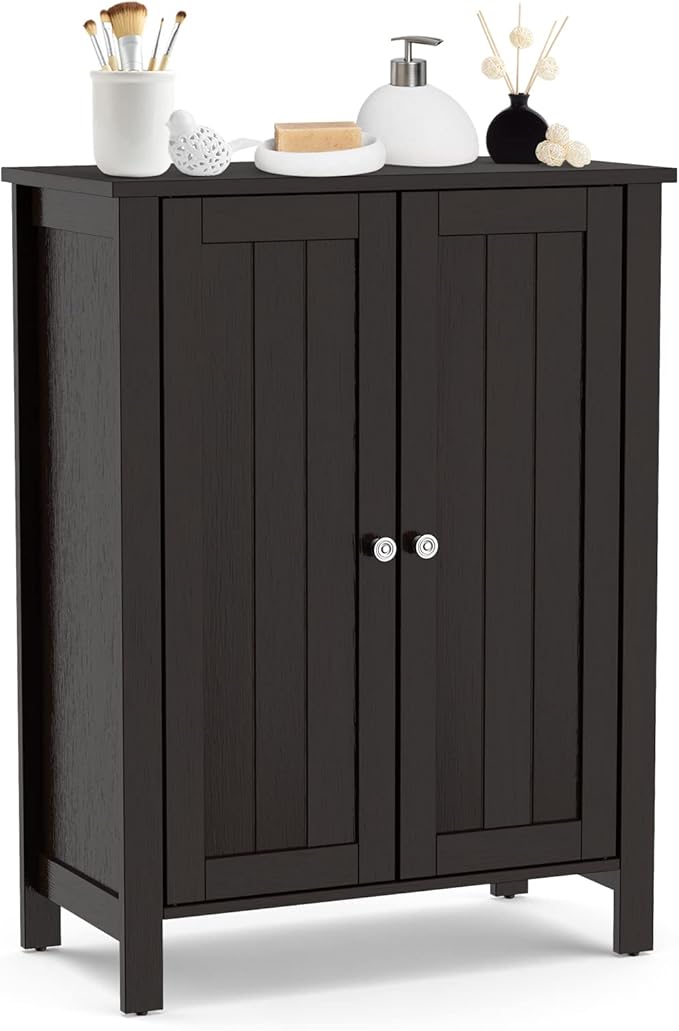 COSTWAY Bathroom Floor Cabinet - Freestanding Side Storage Organizer with Double Doors & Adjustable Shelf, Wooden Storage Cabinet for Living Room, Bedroom, Kitchen, Entryway (Brown)