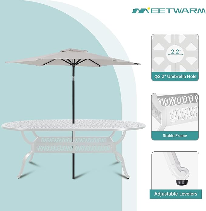 MEETWARM 9-Piece Outdoor Patio Dining Set, All-Weather Cast Aluminum Patio Conversation Set for Backyard Garden Deck with 1 Oval Table, 8 Outdoor Dining Cushioned Chairs, 2" Umbrella Hole, White