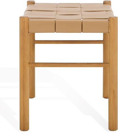 SAFAVIEH Couture Collection Devnie Tan Woven Leather & Natural Solid Wood Ottoman (Fully Assembled)