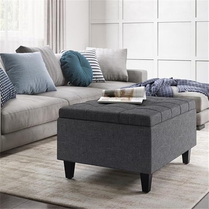 SIMPLIHOME Harrison 34 inch Wide Transitional Rectangle Small Coffee Table Storage Ottoman in Slate Grey Linen Look Fabric, Assembled, for the Living Room and Bedroom