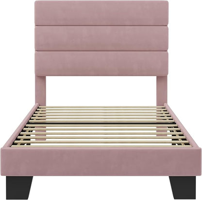 SHA CERLIN Twin Platform Bed Frame with Velvet Upholstered Headboard, Mattress Foundation with Strong Wooden Slats Support, No Box Spring Needed, Pink