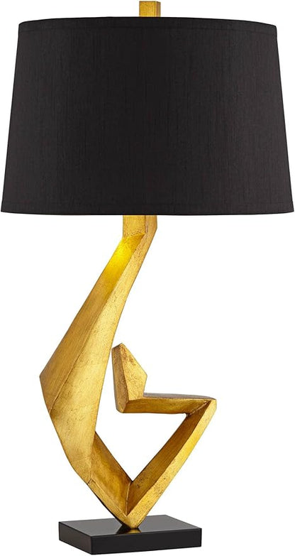 Possini Euro Design Zeus Mid Century Modern Glam Luxury Table Lamp 28.5" Tall Sculptural Gold Leaf Metal Black Fabric Tapered Drum Shade Decor for Living Room Bedroom House Bedside Nightstand Home