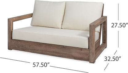 Christopher Knight Home Rammus 2 Pieces Outdoor Conversation Set, Acacia Wood Chat Set, Rectangular Coffee Table and Patio Loveseat Sofa, Slat Design Patio Furniture Set for Garden, Beige + Brown