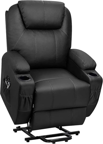 Flamaker Power Lift Recliner Chair Electric Lift Recliner for Elderly Power Lift Recliner Chair with Cup Holders Side Pockets for Living Room (Leather, Dark Black)
