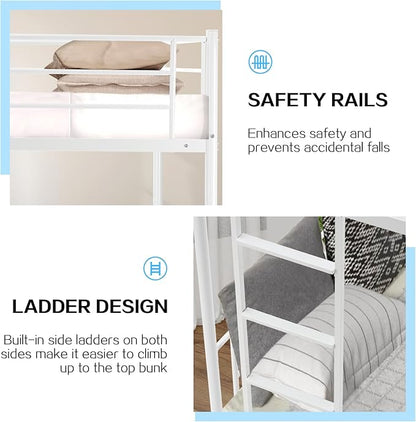 Bunk Bed,Twin Over Twin Bunk Beds for Kids Teens Adults,Heavy Duty Metal Slats Bed Frame with Ladders and Guardrail,400 lbs Capacity,No Spring Box Required,White