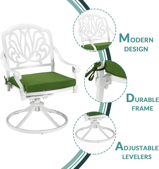 MEETWARM 9-Piece Outdoor Patio Dining Set, All-Weather Cast Aluminum Patio Conversation Set with 1 Oval Table, 2 Swivel Rocker Chairs, 6 Stationary, 8 Cushions, 2" Umbrella Hole, White