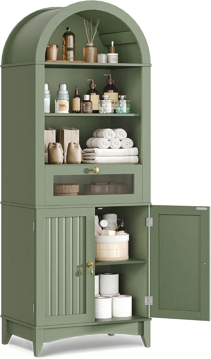 66" Tall Bathroom Storage Cabinet with Flip Drawer, Freestanding Storage Cabinet with Doors & Shelves,Arched Cabinets for Bathroom, Living Room, Kitchen, Laundry, Green