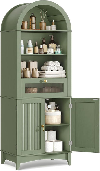 66" Tall Bathroom Storage Cabinet with Flip Drawer, Freestanding Storage Cabinet with Doors & Shelves,Arched Cabinets for Bathroom, Living Room, Kitchen, Laundry, Green