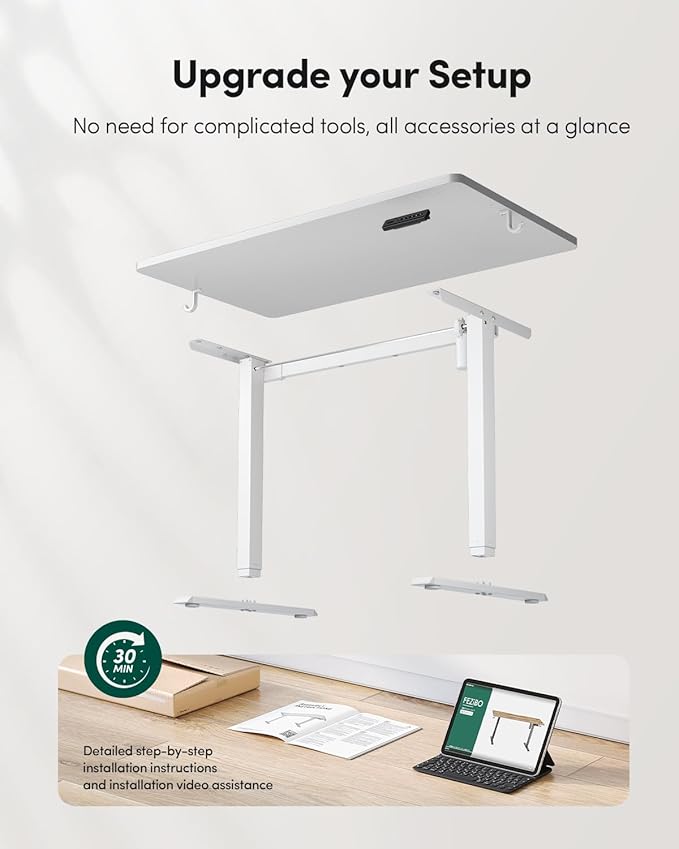 FEZIBO One-Piece Standing Desk Adjustable Height Stand up Home Office Desk, 40x24 Inch Electric Standing Computer Desk, with 4 Memory Presets, Headphone Hook, White