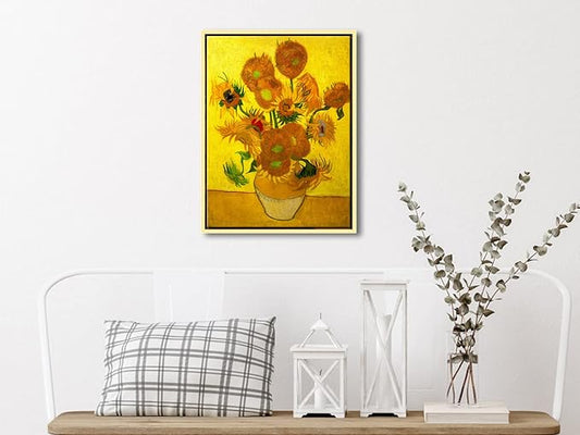 Wieco Art Framed Canvas Wall Art Vase with Fifteen Sunflowers by Van Gogh Classic Oil Paintings Abstract Flowers Canvas Prints for Home Decor Modern Framed Floral Picture Artwork