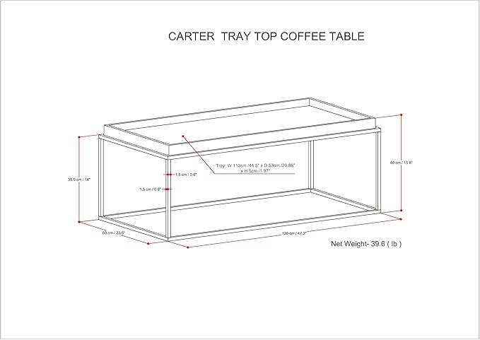 SIMPLIHOME Carter Coffee Table - 47 inch Wide Solid Acacia Wood Industrial Tray Top Cocktail Table in Natural Acacia, Stylish Living Room Table with Fixed Tray Shelf and Metal Base
