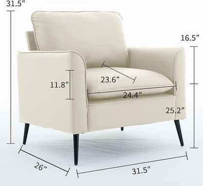 YISHENG Mid-Century Modern Living Room Accent Chairs Set of 2 - Oversized Faux Leather Armchairs with Removable Cushions & Metal Legs, Comfortable Sofas for Office/Lounge/Bedroom/Reception,Cream
