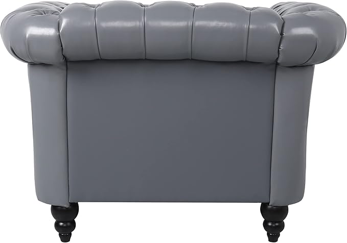 LEVNARY Leather Upholstered Armchair, Mid-Century Modern Single Sofa Chair with Rolled Arms and Nailhead, Tufted Pu Leather Chesterfield Chair for Home Bedroom Reading Room (Gray)