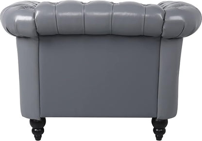 LEVNARY Leather Upholstered Armchair, Mid-Century Modern Single Sofa Chair with Rolled Arms and Nailhead, Tufted Pu Leather Chesterfield Chair for Home Bedroom Reading Room (Gray)