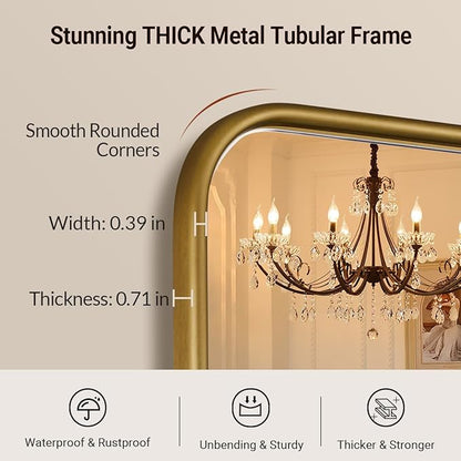 ANDY STAR Bathroom Mirror for Wall, 24x40 Inch Gold Rectangle Mirror for Bathroom with Rounded Corner, Modern Brushed Brass Vanity Rectangular Mirrors with Tube Metal Frame, Explosion-Proof Film