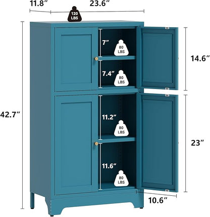 Bathroom Floor Storage Cabinet, Freestanding Accent Cabinets with 4 Doors and 2 Adjustable Shelves,Blue Metal Locker Cabinets for Restroom, Kitchen,Living Room,Hallway