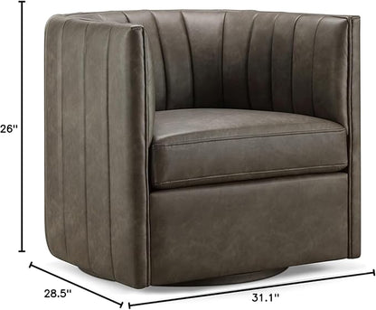 CHERS Rivet Mid-Century Modern Swivel Armchair, Channel-Tufted Faux Leather Accent Chair, 360-Degree Rotating Lounge Chair with Ergonomic Design for Living Room, Bedroom, Home Theater, Pewter