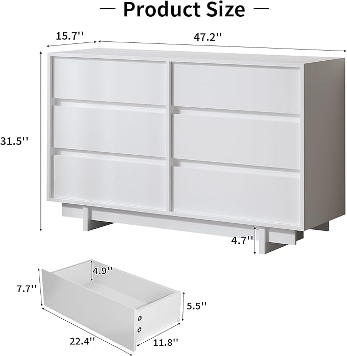 White Dresser for Bedroom, 47" Wide 6 Drawer Dresser, Mid Century Modern Dressers Chest of Drawers, Wooden Large Dressers for Bedroom, Closet