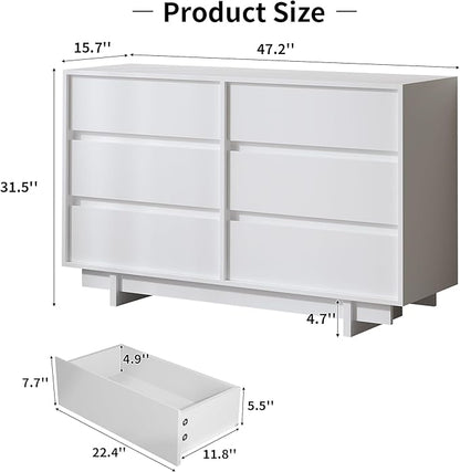 White Dresser for Bedroom, 47" Wide 6 Drawer Dresser, Mid Century Modern Dressers Chest of Drawers, Wooden Large Dressers for Bedroom, Closet