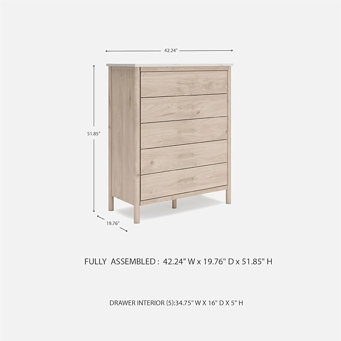 Signature Design by Ashley Cadmori Bohemian 5-Drawer Chest of Drawers with Safety Stop and Post Legs, White & Light Brown