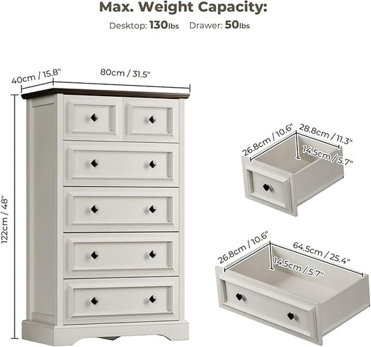 Farmhouse 6 Drawer Dresser, 48" Tall White Dresser with Natural Texture & Metal Handles, Storage Drawer Chest for Bedroom, Living Room, Hallway, Vintage Design (Antique White)