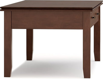 SIMPLIHOME Artisan Coffee Lift Top Table - 46 inch Wide Solid Wood Contemporary Cocktail Table in Russet Brown, Living Room with Hidden Storage Compartment, Open Shelf, and Square Knobs