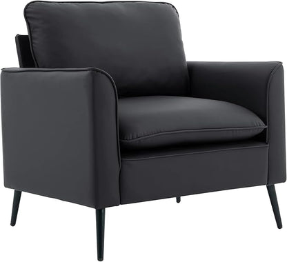 YISHENG Mid-Century Modern Living Room Accent Chairs Set of 2 - Oversized Faux Leather Armchairs with Removable Cushions & Metal Legs, Comfortable Sofas for Office/Lounge/Bedroom/Reception,（Black）