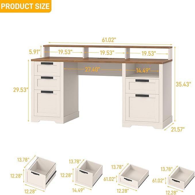 Halitaa 61" Farmhouse Executive Desk with Monitor Stand & File Drawers,Computer Desk with Storage Drawers,Large Workstation LED Lights and Power Outlets for Home Office,Study,White