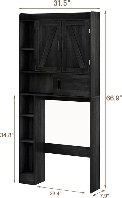 ChooChoo Over The Toilet Storage Cabinet, Farmhouse Bathroom Storage Cabinet with Sliding Door, Over Toilet Storage with Adjustable Shelves, Space-Saving, Black