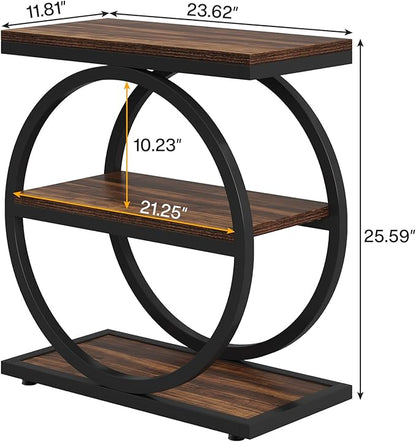 LITTLE TREE 3-Tier End Table, Industrial Side Table with Storage Shelves, Small Sofa Side Table for Living Room, Wooden Side End Table with Double Round Metal Legs