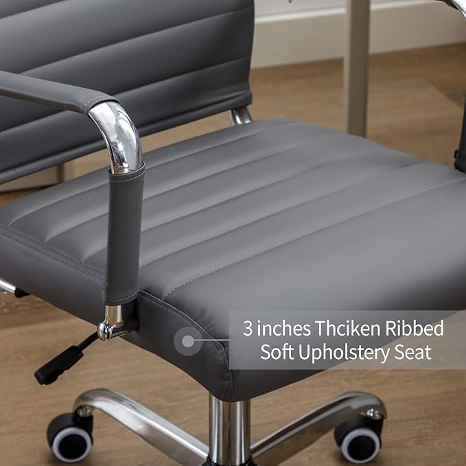 Office Desk Chair Leather, Conference Room Chairs with Wheels, Executive Modern High Back Ergonomic Swivel Rolling Ribbed Computer Chair