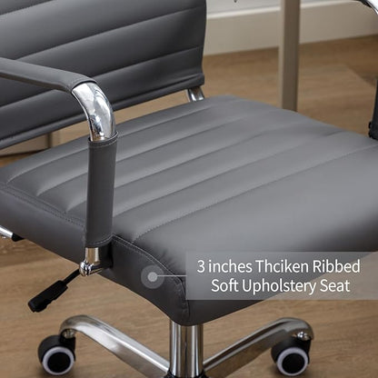 Office Desk Chair Leather, Conference Room Chairs with Wheels, Executive Modern High Back Ergonomic Swivel Rolling Ribbed Computer Chair