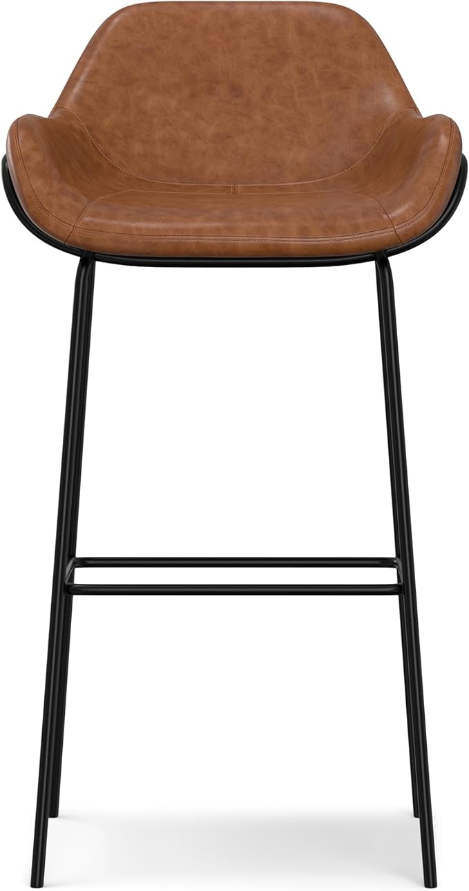 SIMPLIHOME Mira Bar Stools (Set of 2) - 30 inch Seat Height Upholstered Metal Bar Chairs in Distressed Tan Vegan Faux Leather, Contemporary Seating for Kitchen with Curved Cushioned Seat and Armrests