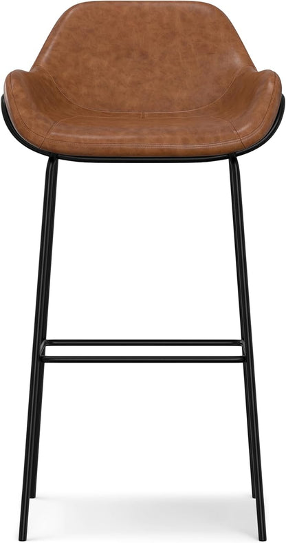 SIMPLIHOME Mira Bar Stools (Set of 2) - 30 inch Seat Height Upholstered Metal Bar Chairs in Distressed Tan Vegan Faux Leather, Contemporary Seating for Kitchen with Curved Cushioned Seat and Armrests