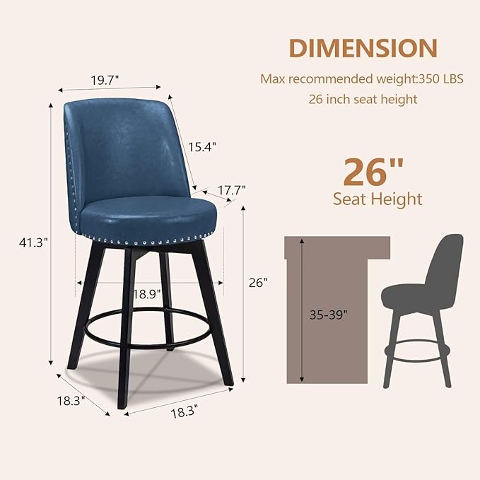 MINCETA Bar Stools Set of 2, PU Leather Barstools, 26 Inch Upholstered Counter Stools with High Back and Footrest, Swivel Counter Height Barstools for Kitchen Island Home Bar Navy Blue