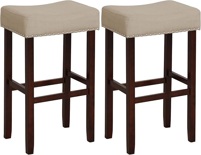 COSTWAY Counter Height Bar Stools Set of 2, 29.5-inch Backless Saddle Stools with Nailhead Trim, Footrest, Max Load 330 Lbs, Upholstered Barstools for Kitchen Island Pub, Beige