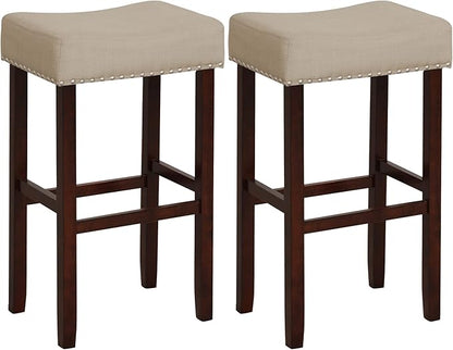 COSTWAY Counter Height Bar Stools Set of 2, 29.5-inch Backless Saddle Stools with Nailhead Trim, Footrest, Max Load 330 Lbs, Upholstered Barstools for Kitchen Island Pub, Beige