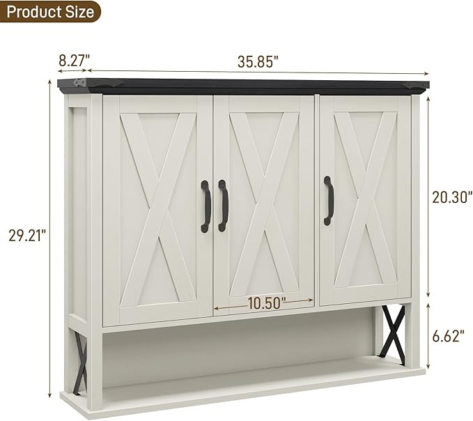 Bathroom Wall Cabinet, Farmhouse Medicine Cabinet with Adjustable Wood Shelf & 3 Doors, Over The Toilet Storage Cabinet for Wall Mounted for Bathroom Laundry Room Kitchen, White and Black