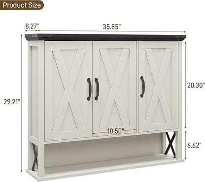 Bathroom Wall Cabinet, Farmhouse Medicine Cabinet with Adjustable Wood Shelf & 3 Doors, Over The Toilet Storage Cabinet for Wall Mounted for Bathroom Laundry Room Kitchen, White and Black