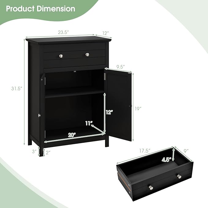 LOKO Bathroom Floor Cabinet, Kitchen Storage Cabinet with 1 Drawer, 2 Doors & 3-Position Adjustable Shelf, 2-Door Floor Storage Cabinet for Bathroom, Living Room, Entryway (Black)