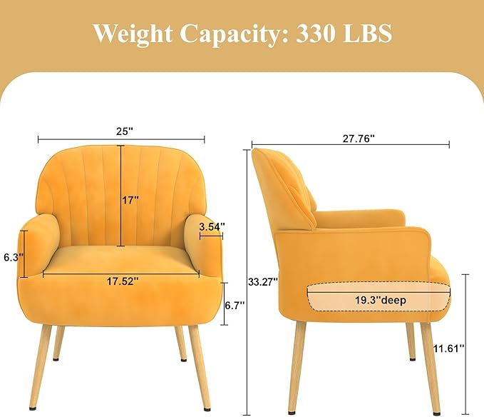 Velvet Accent Chair, Mid Century Modern Accent Chairs for Living Room, Comfy Upholstered Armchair with Metal Legs for Bedroom/Apartment/Office/Waiting Room, Yellow