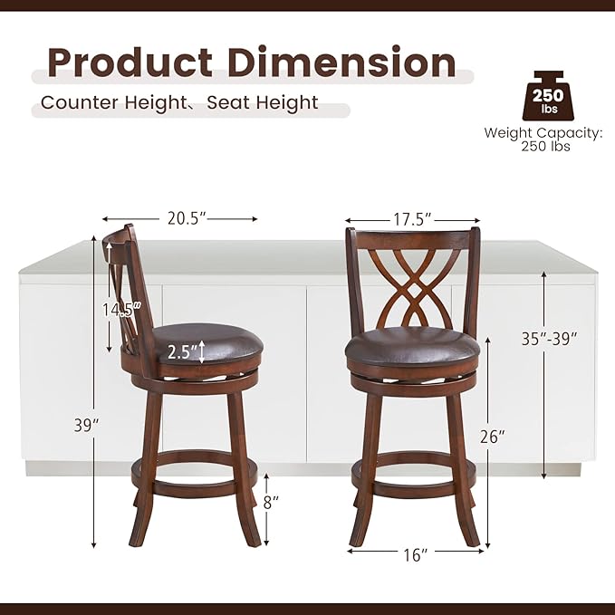 COSTWAY Bar Stools Set of 4, 360° Swivel Chairs with Rubber Wood Frame, 26 in PU Leather Cushioned Seat and Footrests, for Kitchen Island, Dining Room, Bar (Brown-26 inches, 4 stools)