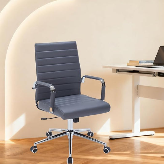 Sidanli Executive Desk Chair, Ergonomic PU Leather Conference Chair with Adjustable Lumbar Support and Rolling Wheels for Home Office Game Room, Mid Back, Gray