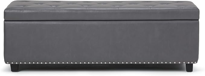 SIMPLIHOME Hamilton 48 inch Wide Transitional Rectangle Storage Ottoman in Stone Grey Vegan Faux Leather, Assembled, For the Living Room, Entryway and Family Room