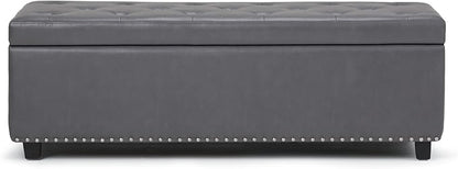 SIMPLIHOME Hamilton 48 inch Wide Transitional Rectangle Storage Ottoman in Stone Grey Vegan Faux Leather, Assembled, For the Living Room, Entryway and Family Room